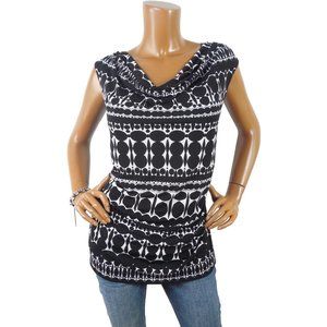 ANN TAYLOR Top L Print Blouse Black/White Stretch Draped Front Sleeveless